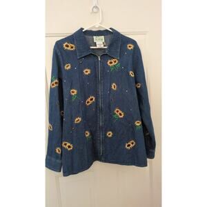 The Quacker Factory Embroidered Sunflower & Bees Large Cotton Denim Jacket Zip